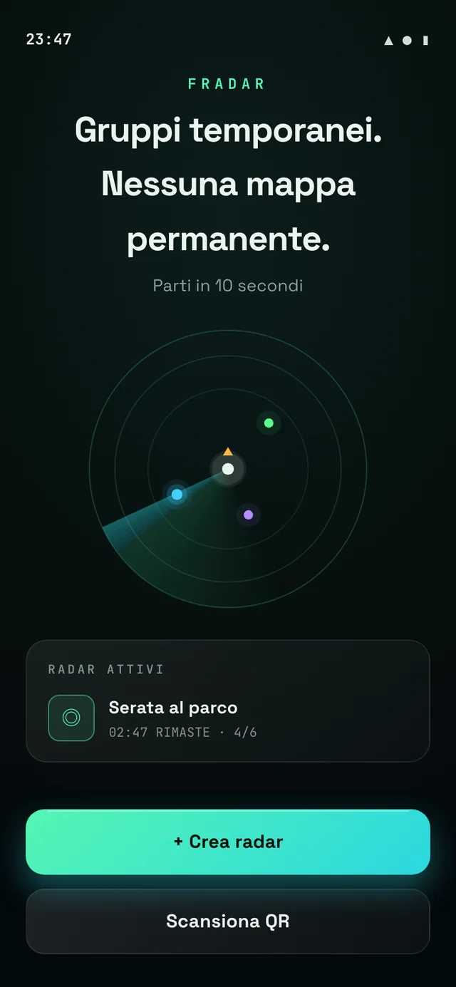 Fradar home screen: create a radar or scan a QR